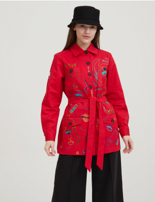 Жіноча червона куртка з авторським малюнком