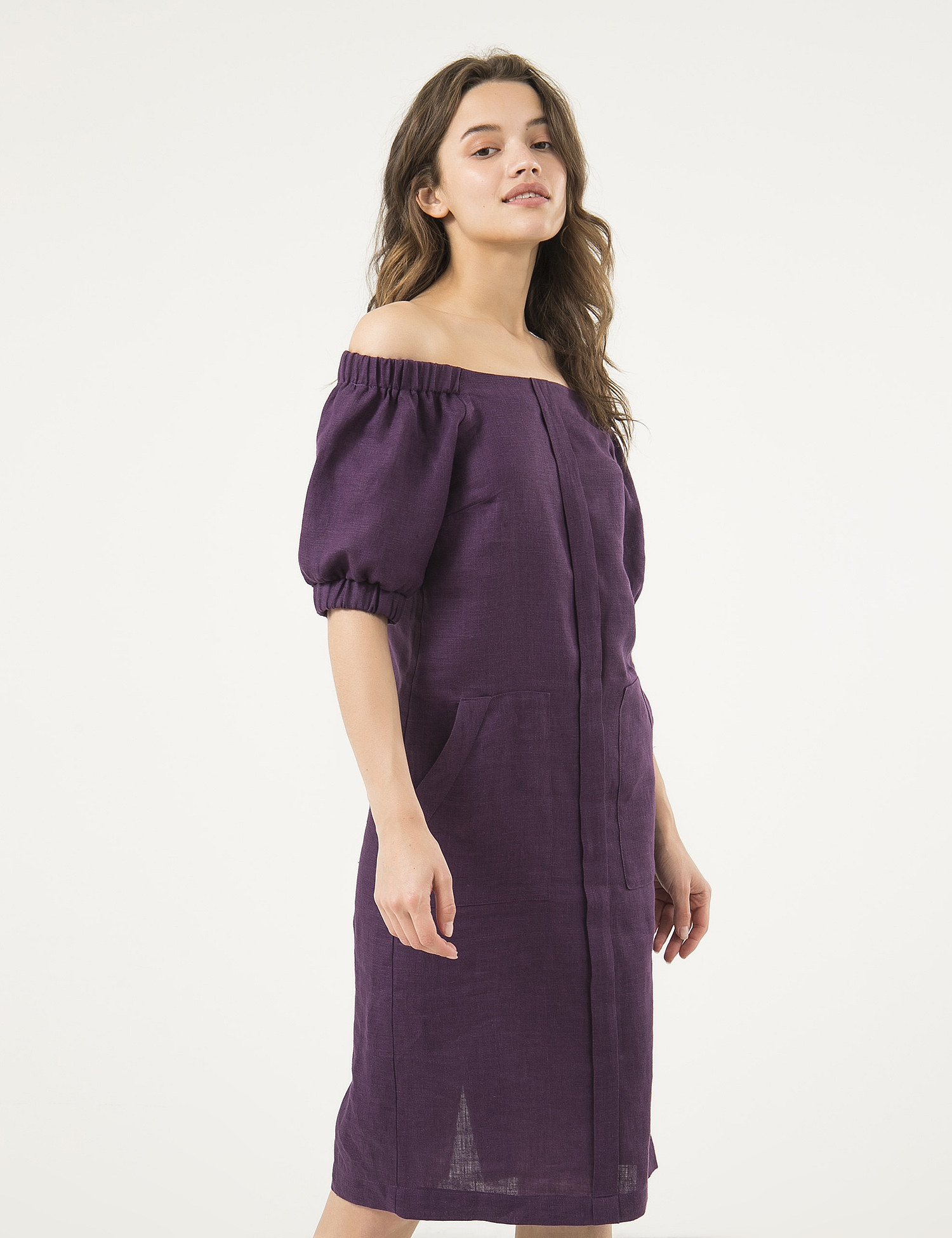 Картинка Фіолетова лляна сукня з відкритими плечима