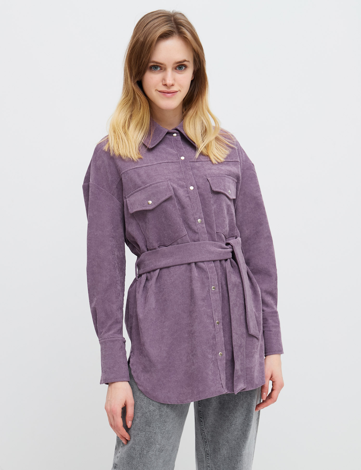 Картинка Жіноча фіолетова сорочка з поясом