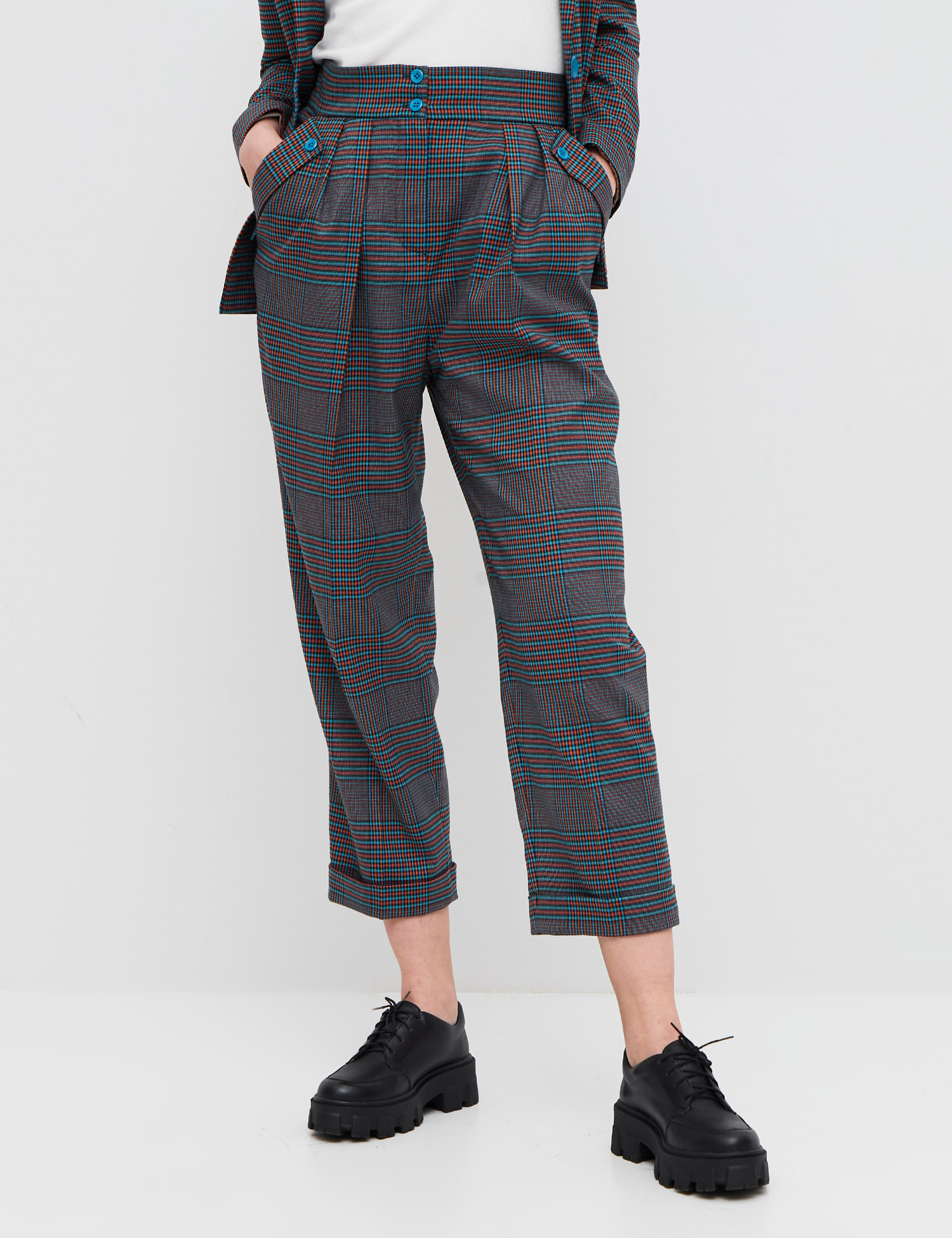 Картинка Жіночі сіро-блакитні брюки в клітинку