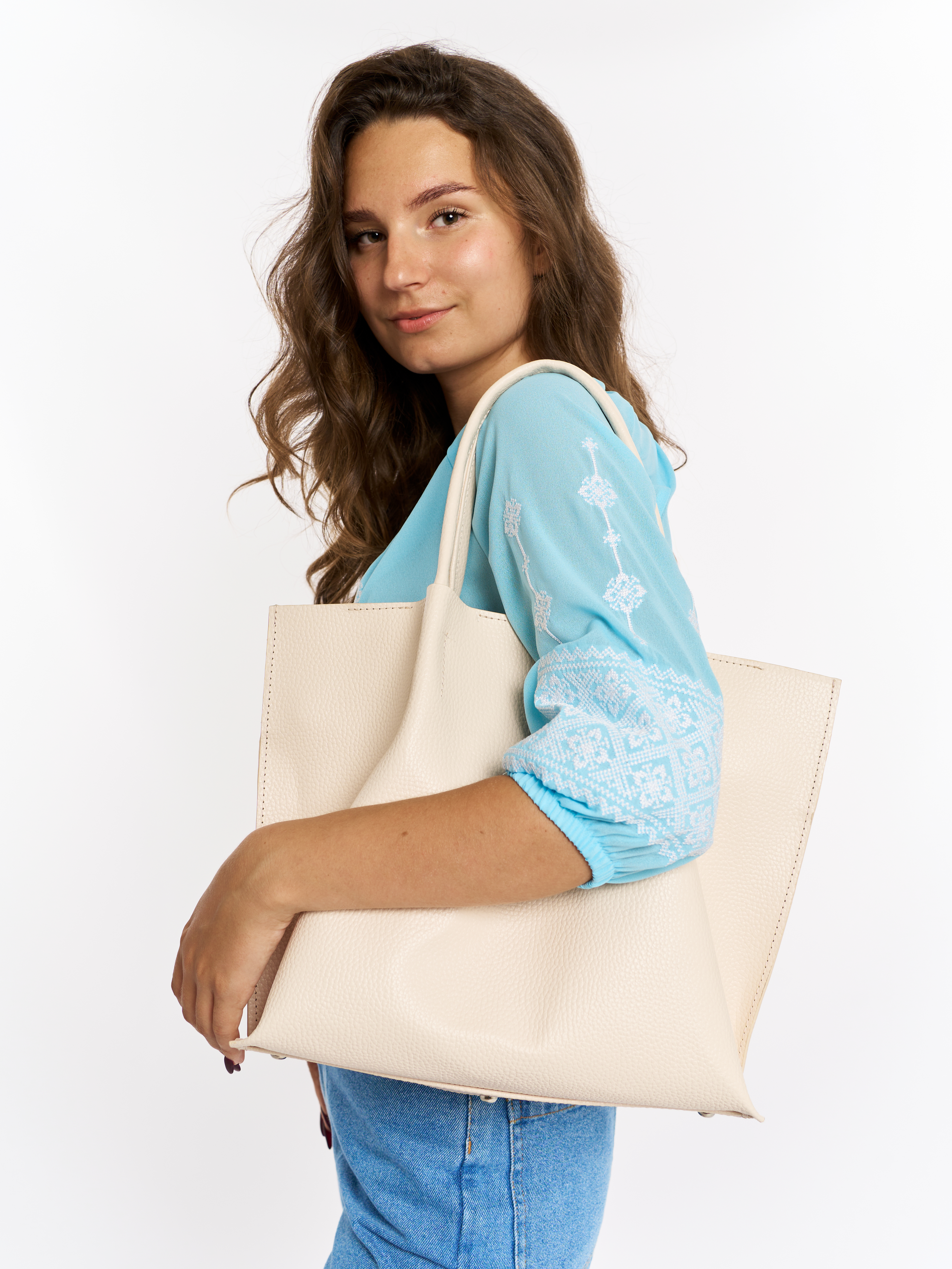 Картинка Бежева шкіряна сумка-шопер