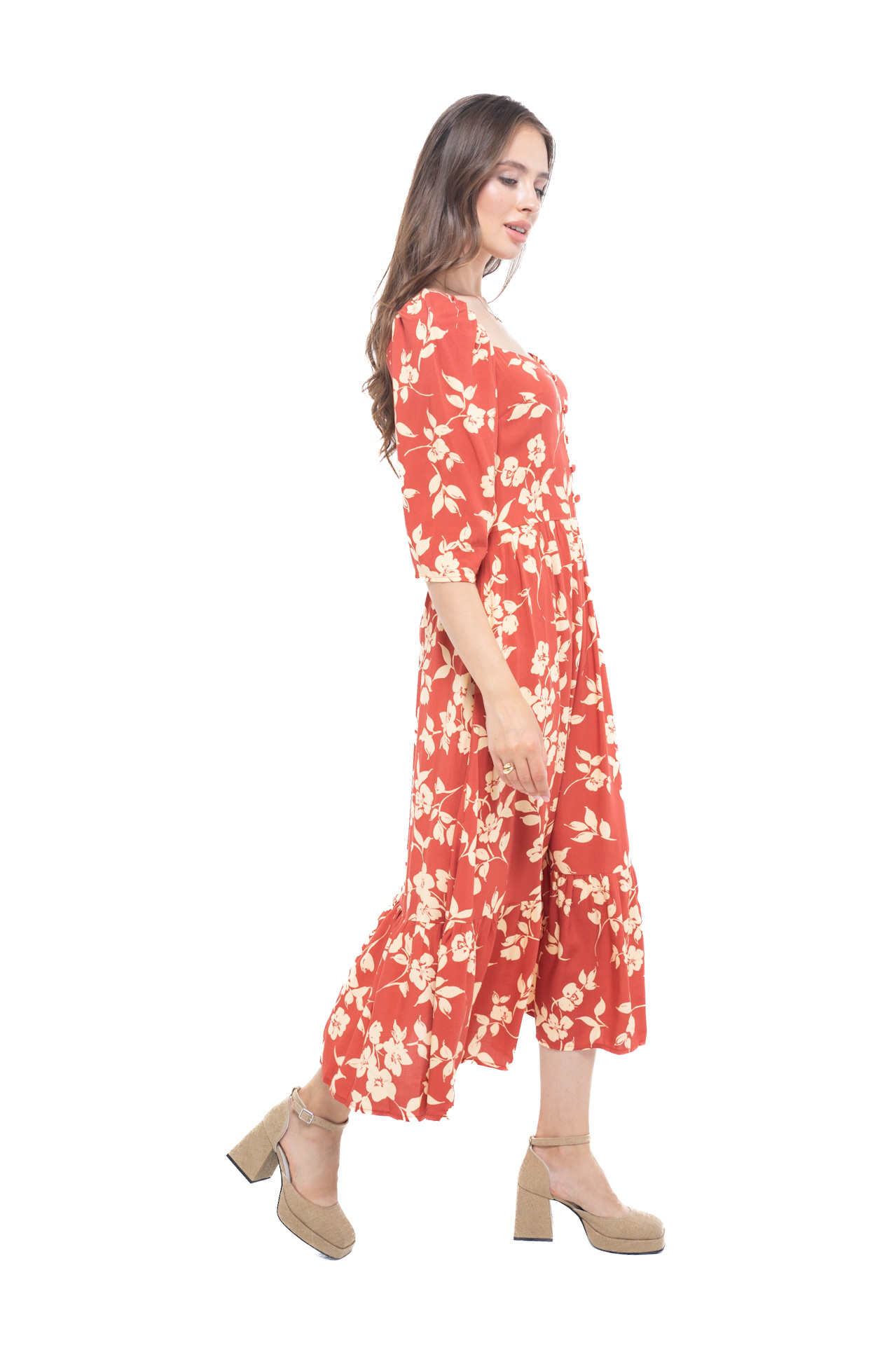 Картинка Сукня міді коричнева з квітковим принтом