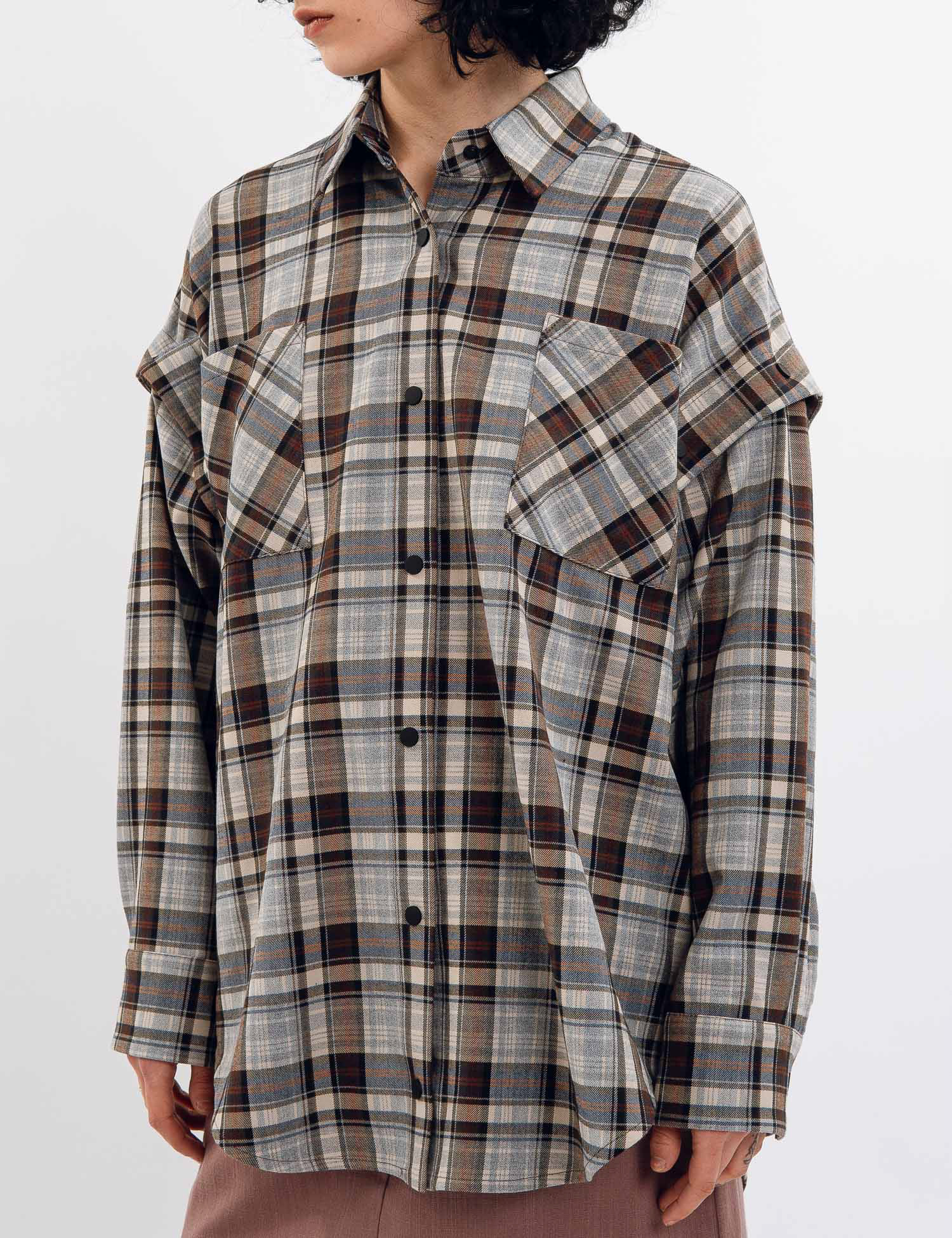 Картинка Сорочка коричнева картата з відстібними рукавами