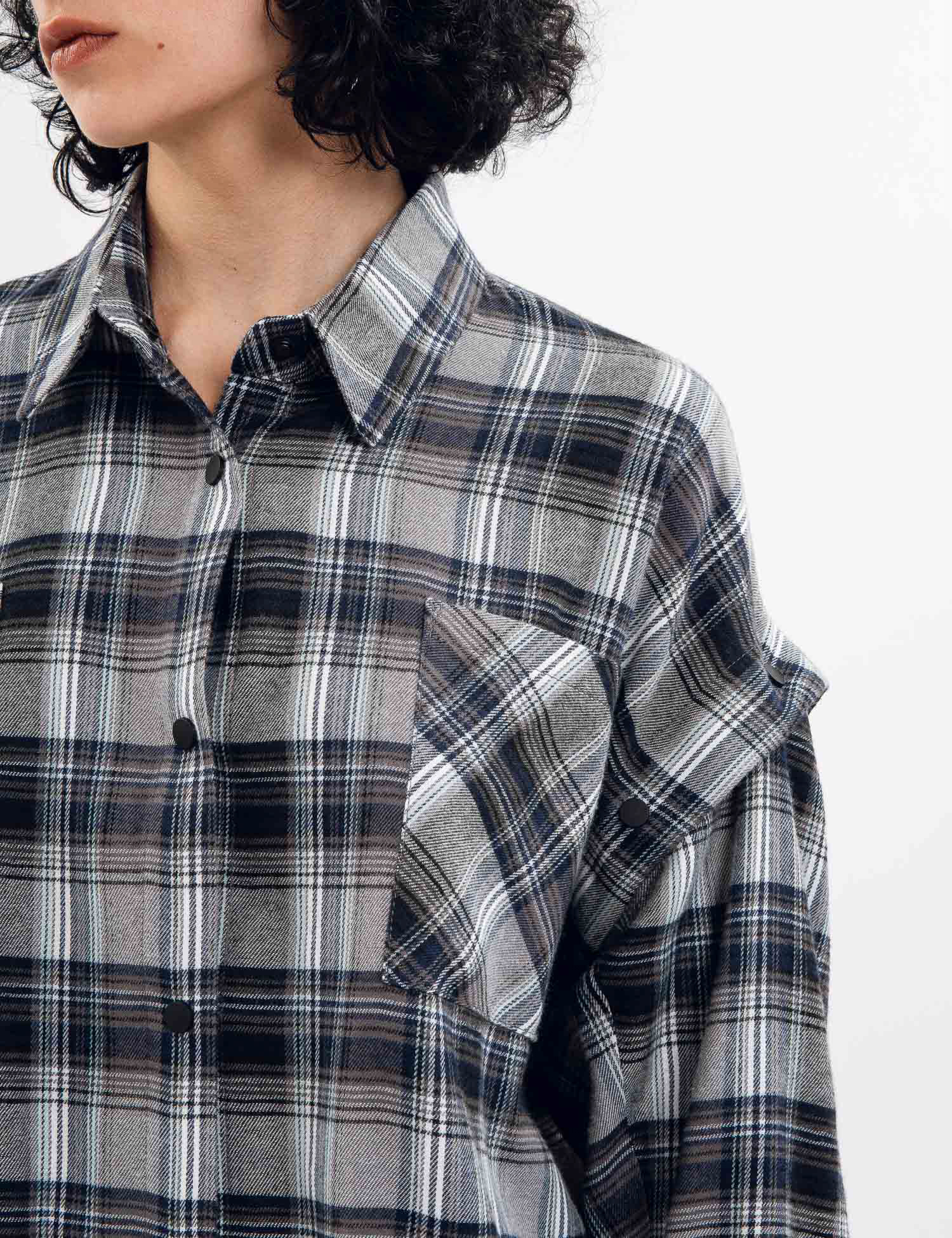 Картинка Сорочка синя картата з відстібними рукавами