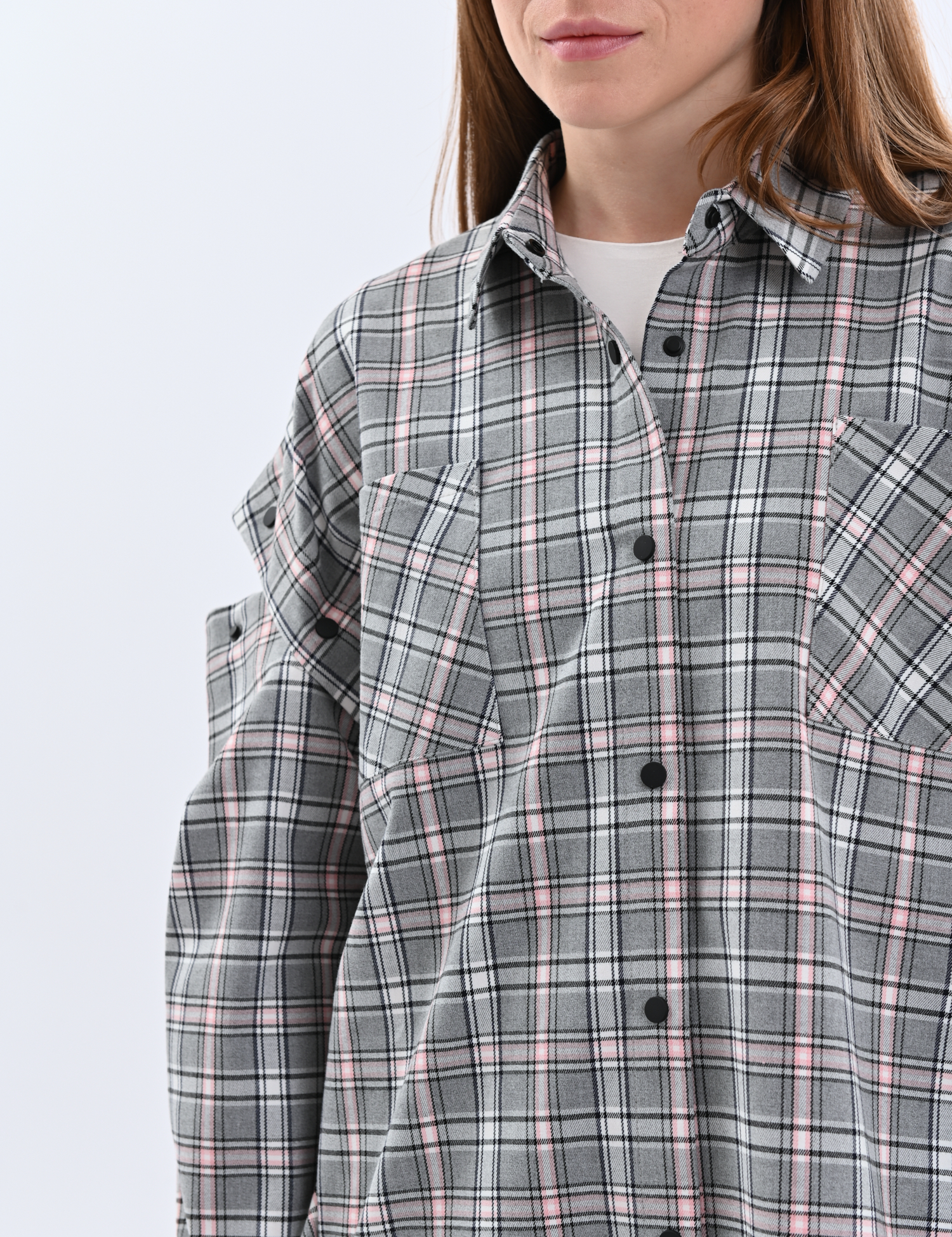 Картинка Сорочка сіро-рожева картата з відстібними рукавами