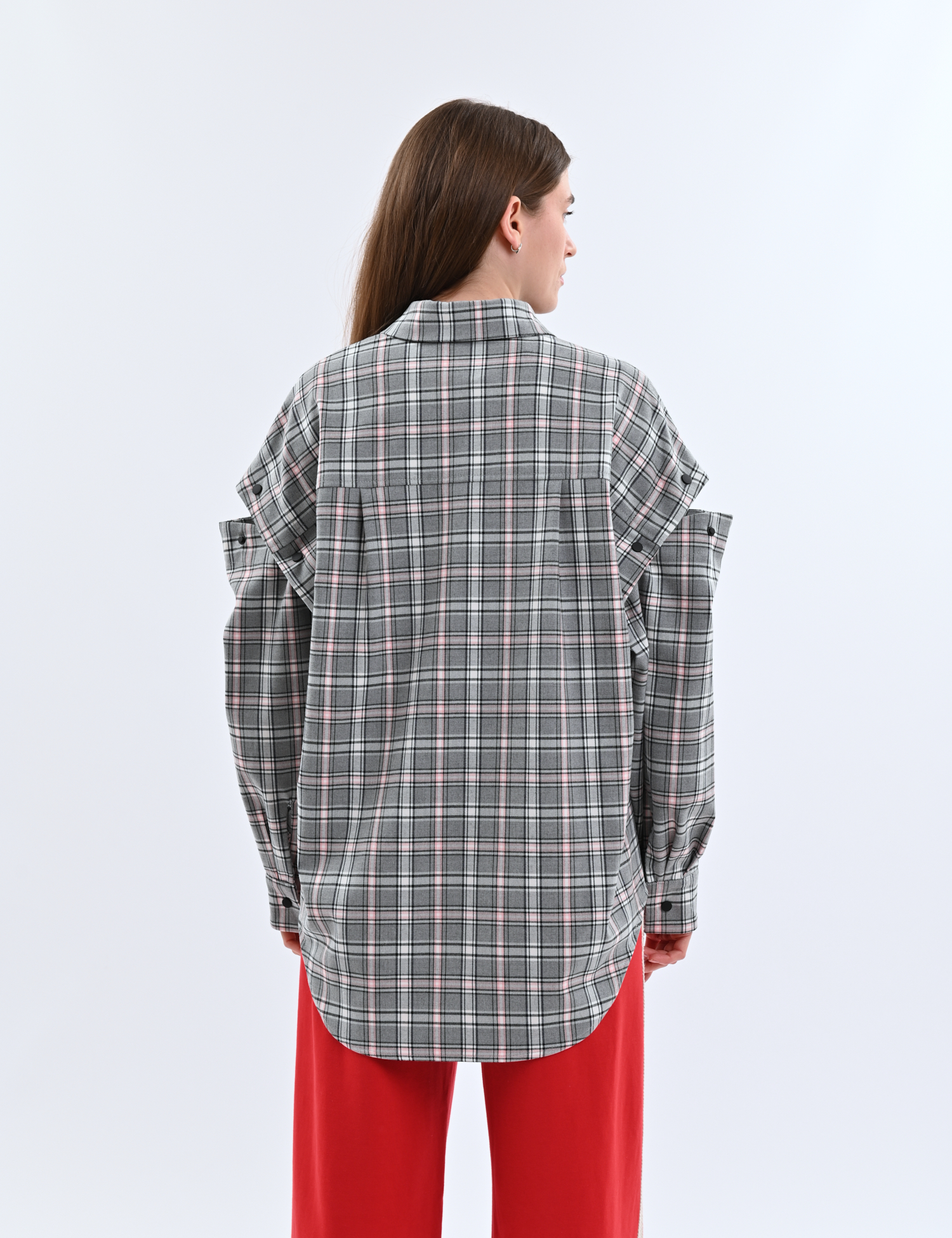 Картинка Сорочка сіро-рожева картата з відстібними рукавами