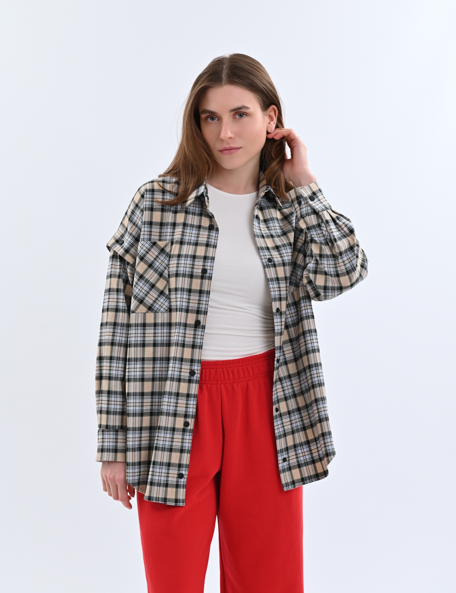 Картинка Сорочка бежево-блакитна картата з відстібними рукавами