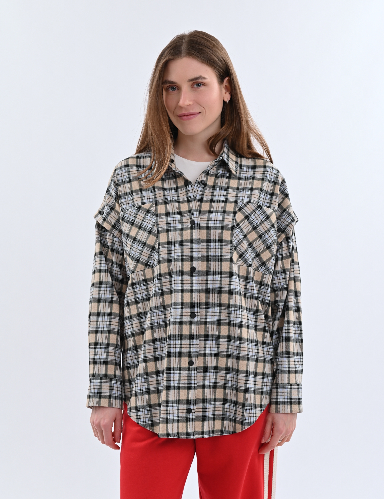 Картинка Сорочка бежево-блакитна картата з відстібними рукавами