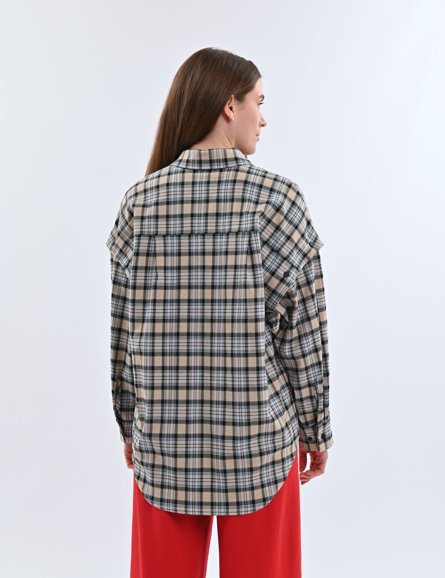 Картинка Сорочка бежево-блакитна картата з відстібними рукавами