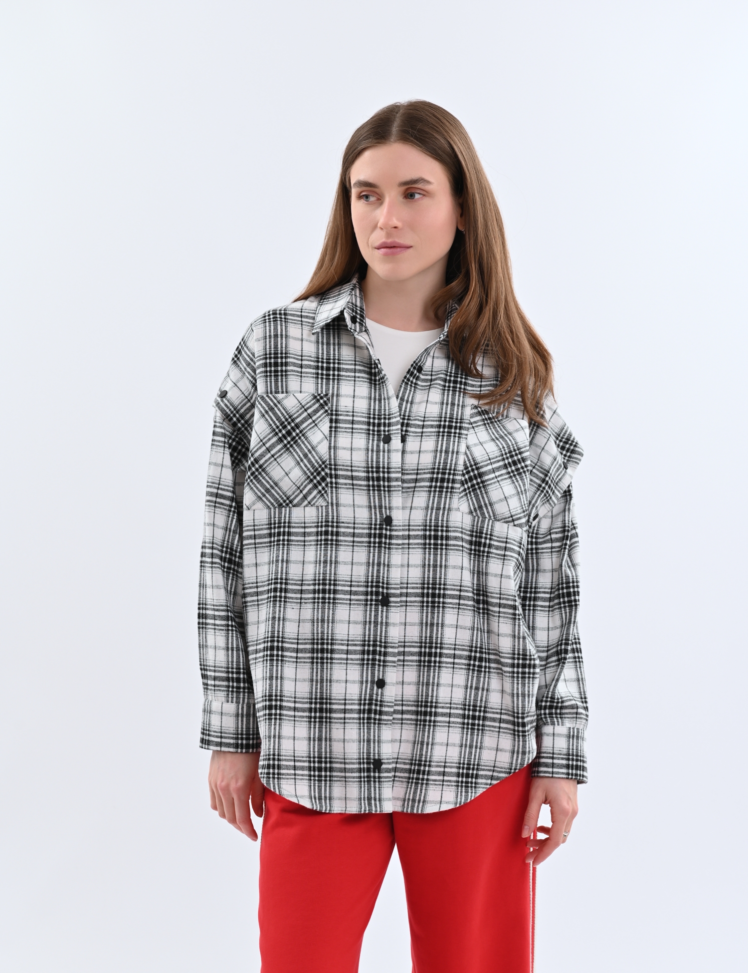 Картинка Сорочка біла картата з відстібними рукавами