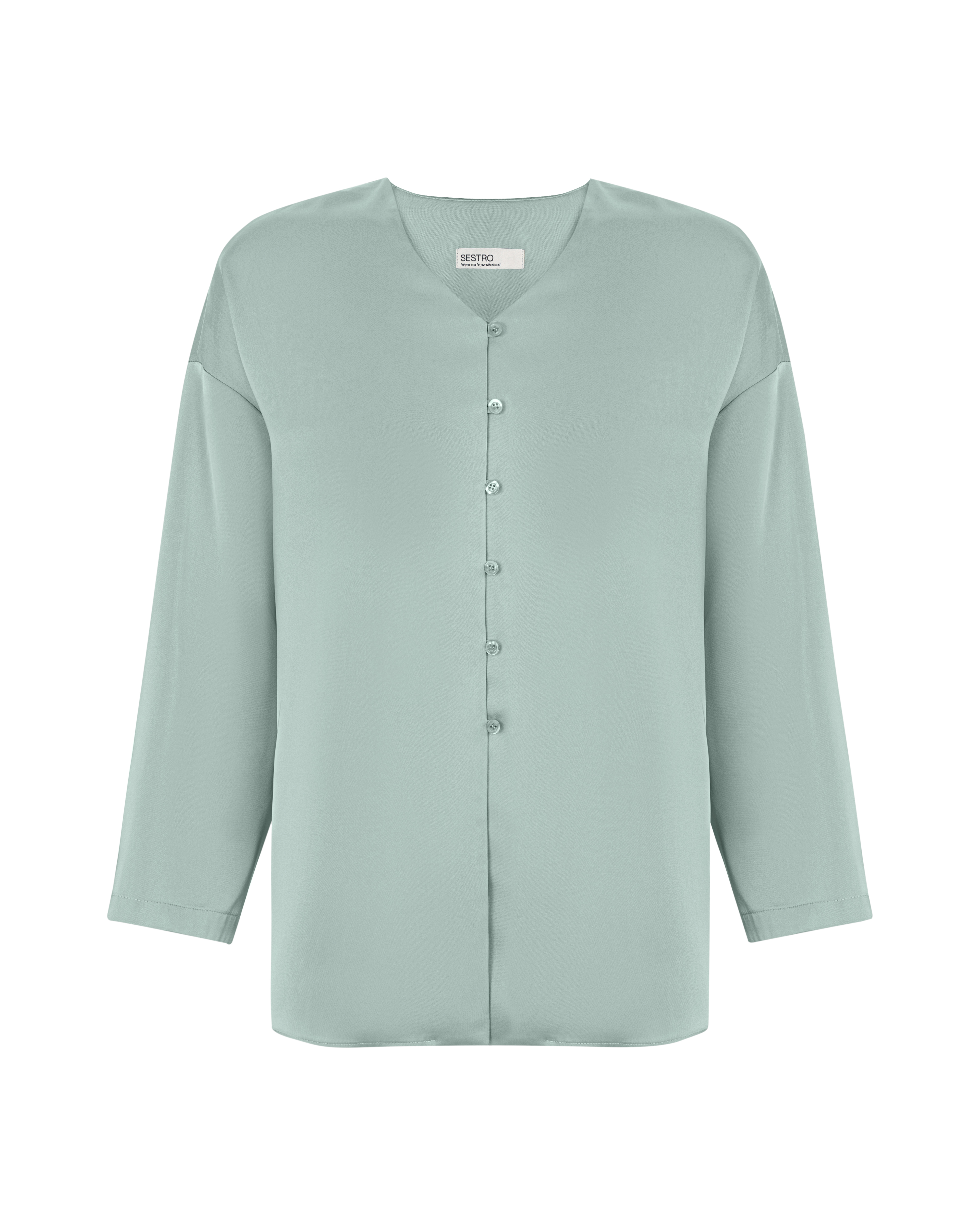 Картинка Блуза шовкова з рюшем на спині світло-зелена