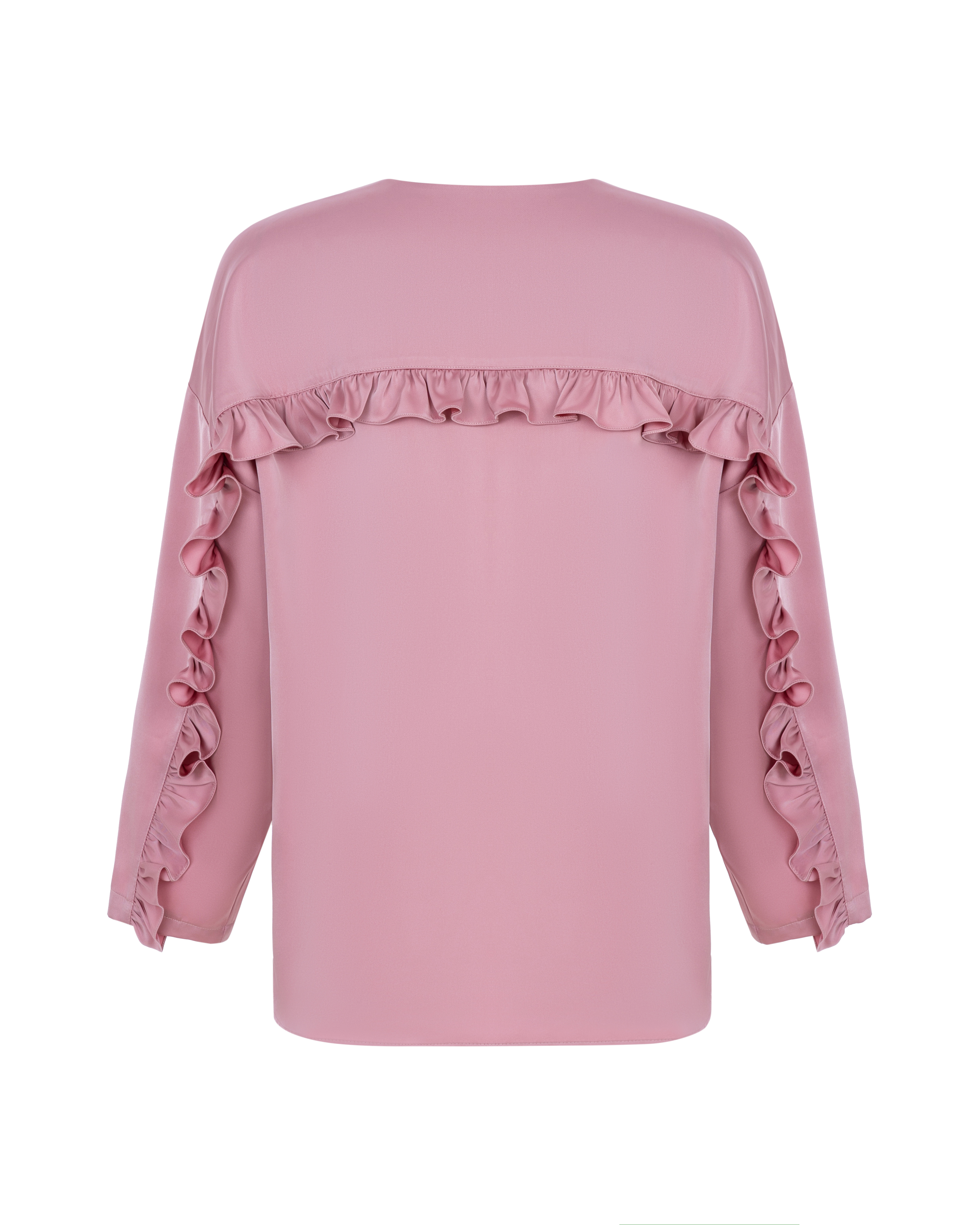 Картинка Блуза шовкова з рюшем на спині рожева