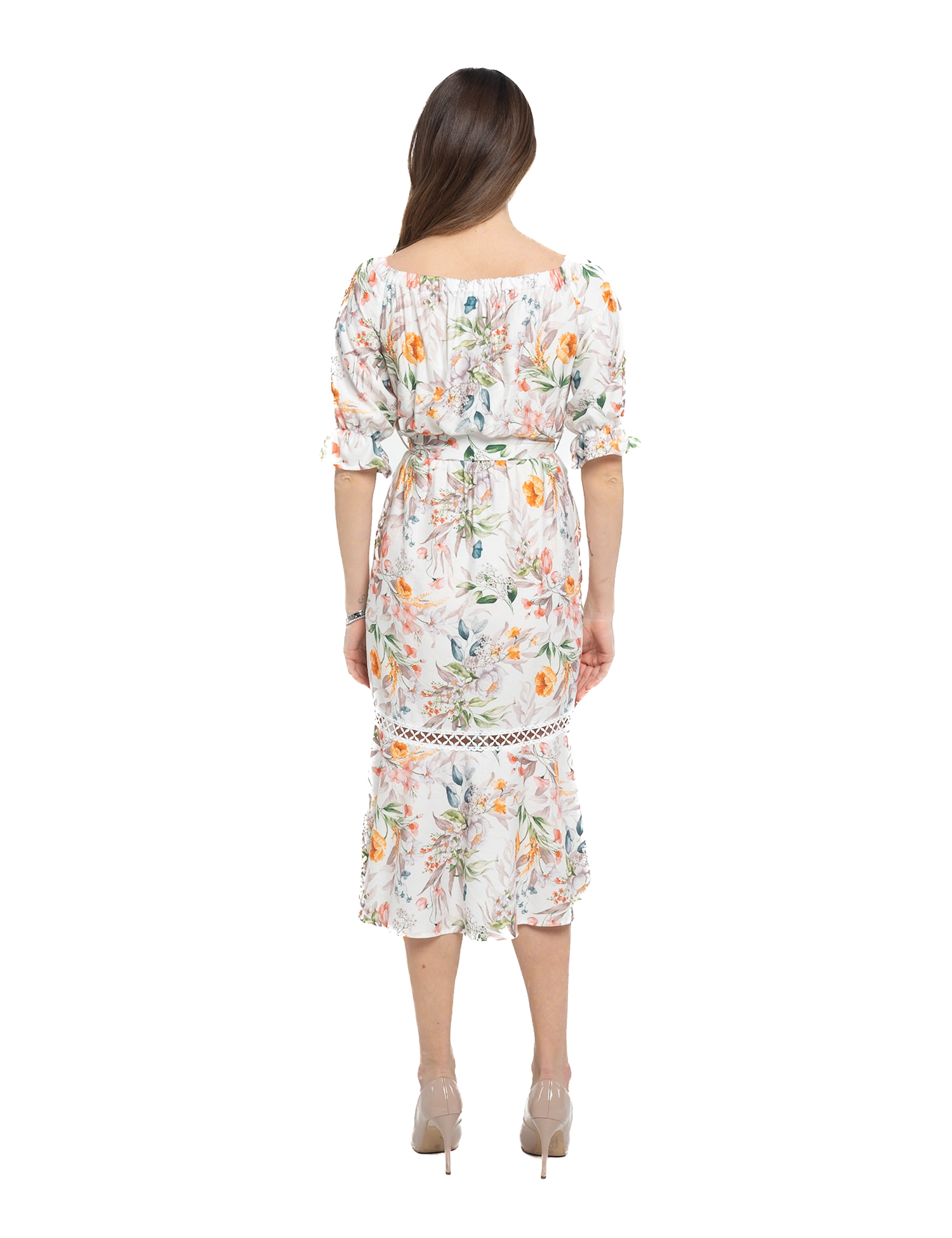 Картинка Сукня міді біла з квітковим принтом та мереживом