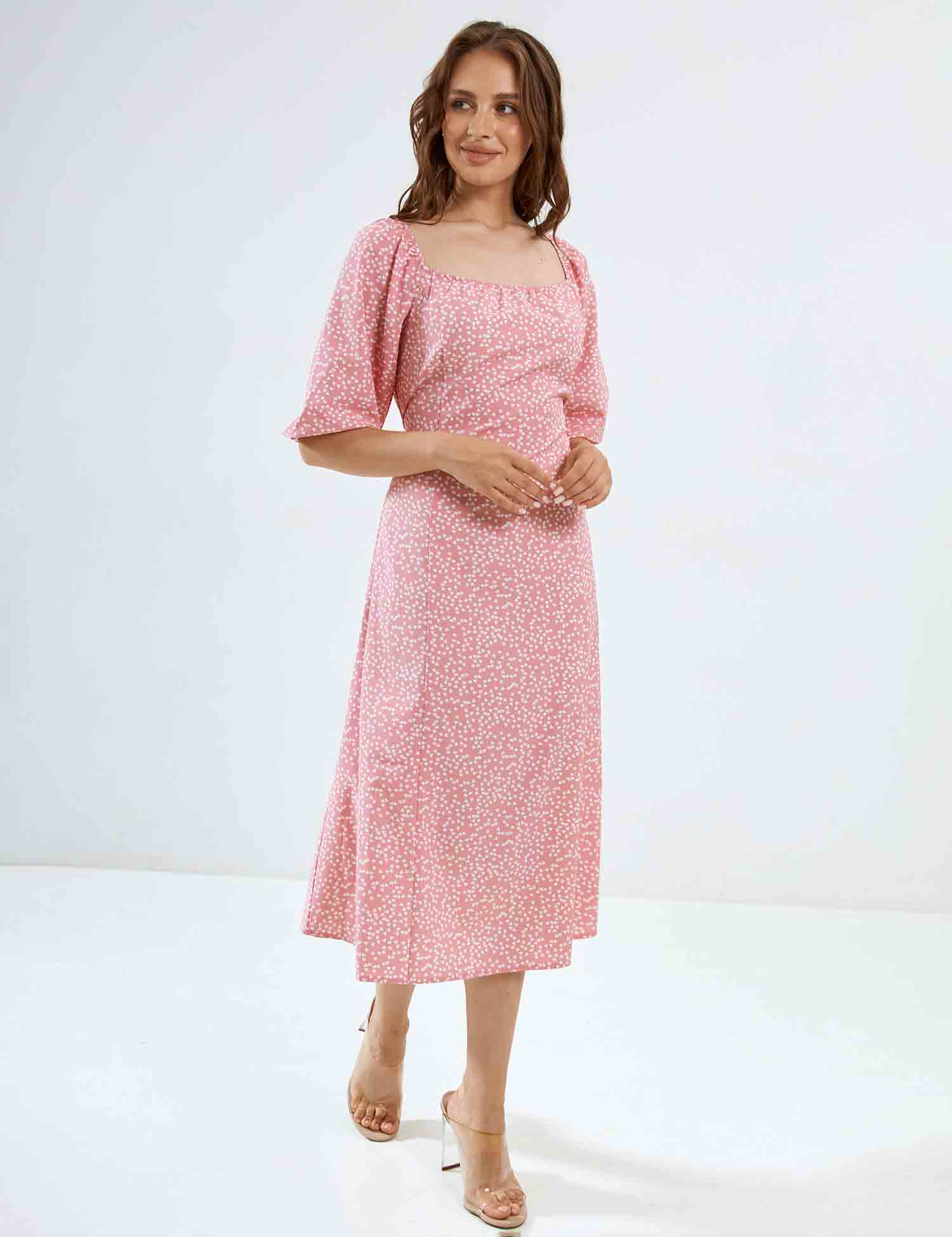 Картинка Сукня міді рожева з принтом