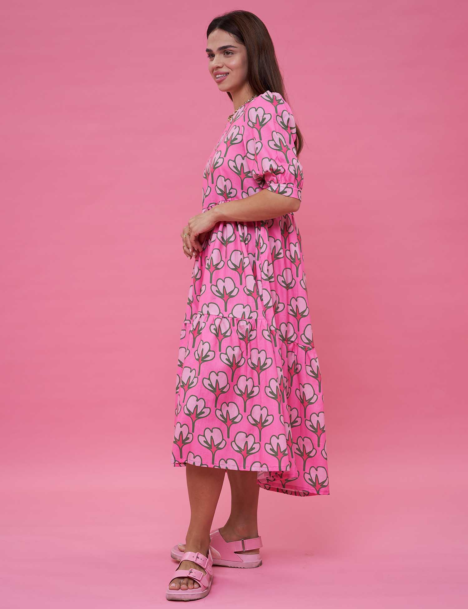 Картинка Сукня міді рожева з принтом