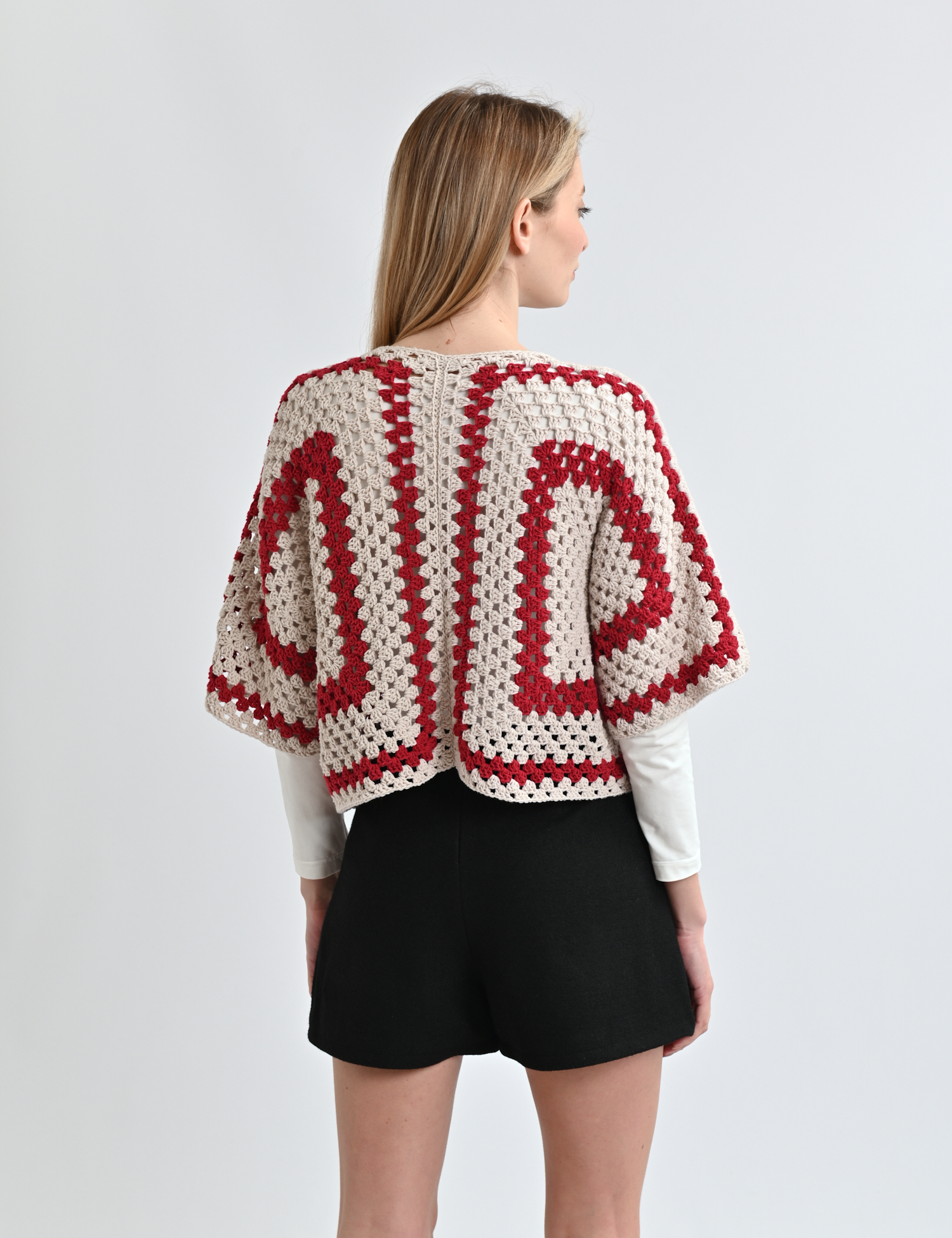 Картинка В’язане болеро бежевий з червоним