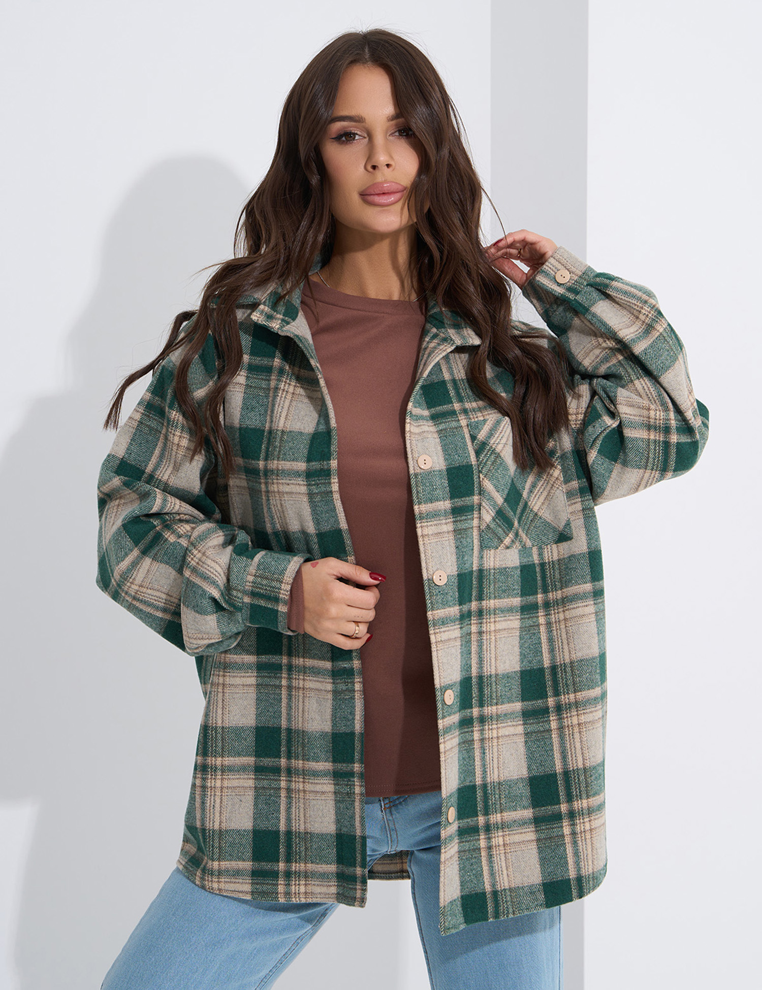 Картинка Сорочка зелено-бежева картата