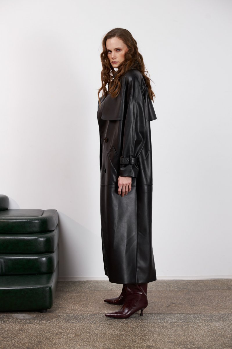 Картинка Тренч максі з чорної екошкіри