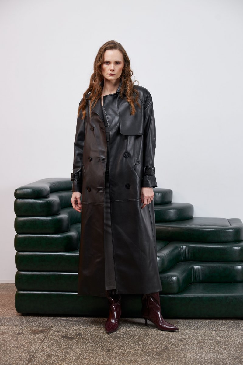 Картинка Тренч максі з чорної екошкіри