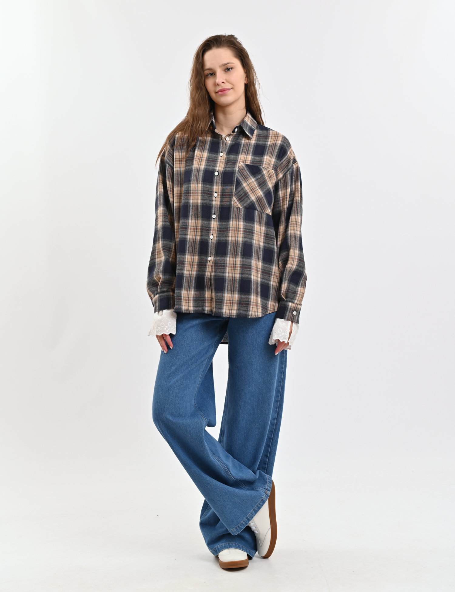 Картинка Сорочка в клітинку бежева з темно-синім