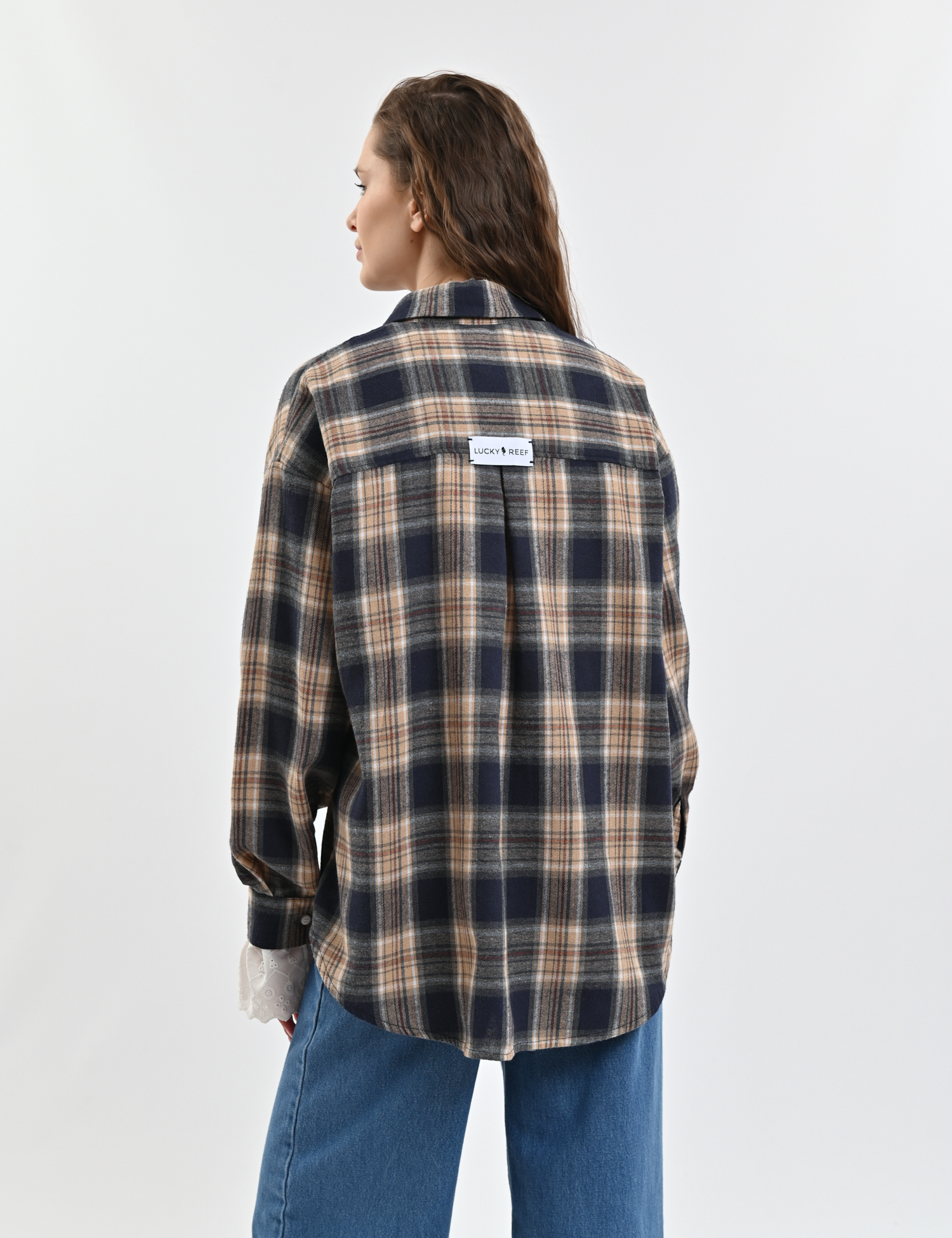 Картинка Сорочка в клітинку бежева з темно-синім