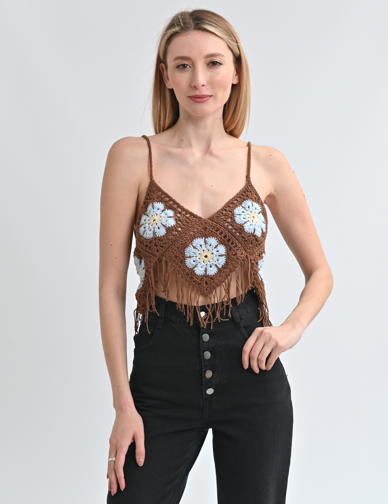 Картинка Топ коричневий з блакитними квітами