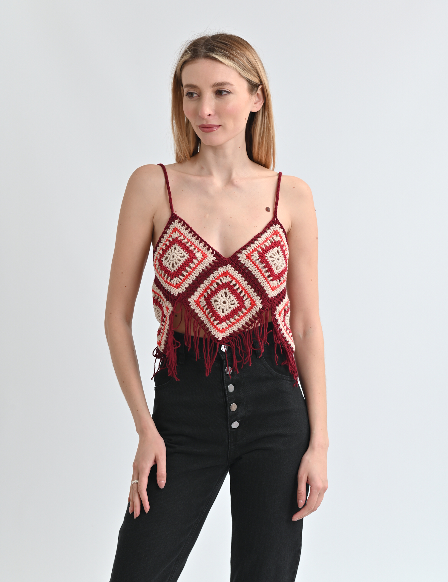 Картинка Топ бордовий з бежевими ромбами