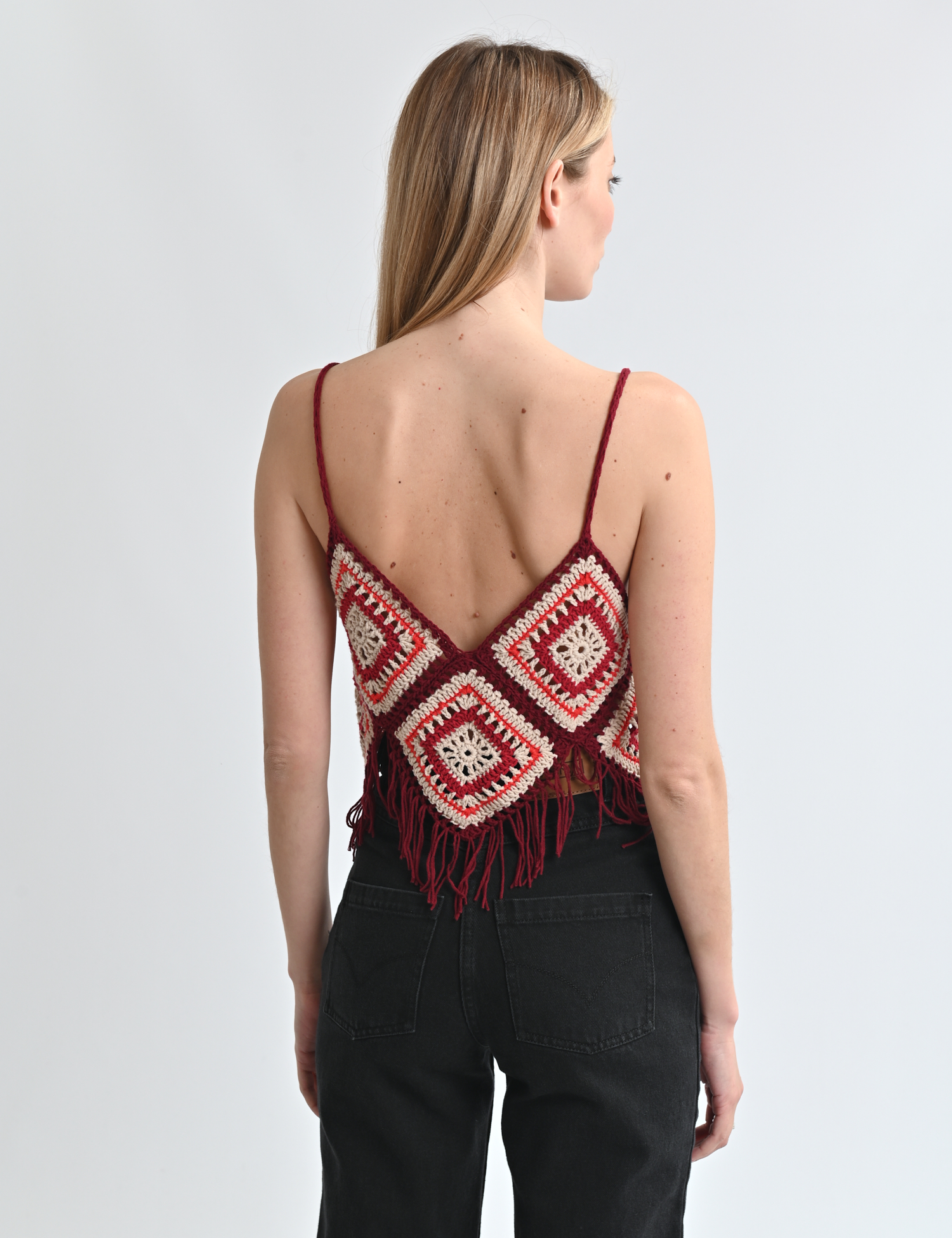 Картинка Топ бордовий з бежевими ромбами