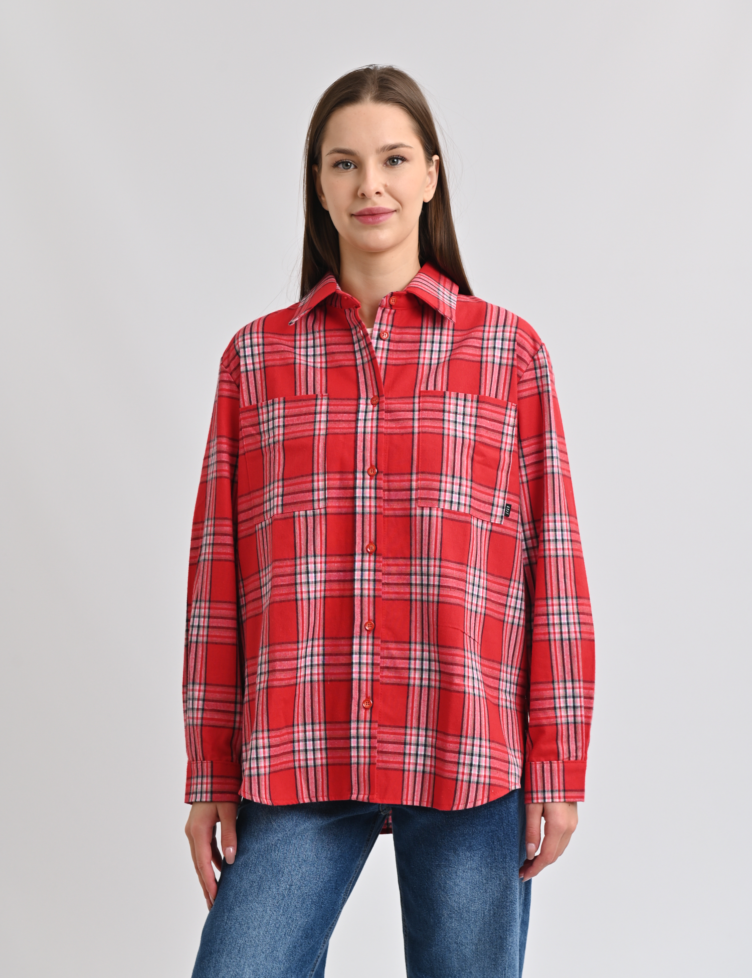 Картинка Сорочка червона в клітинку з накладними кишенями