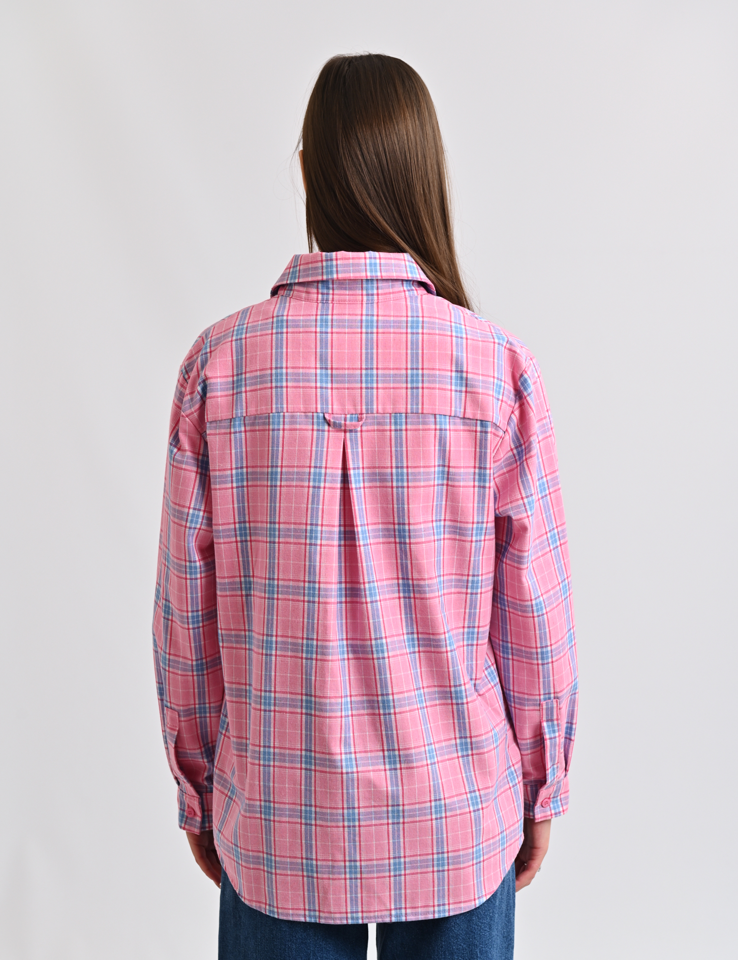 Картинка Сорочка рожева в клітинку з накладними кишенями