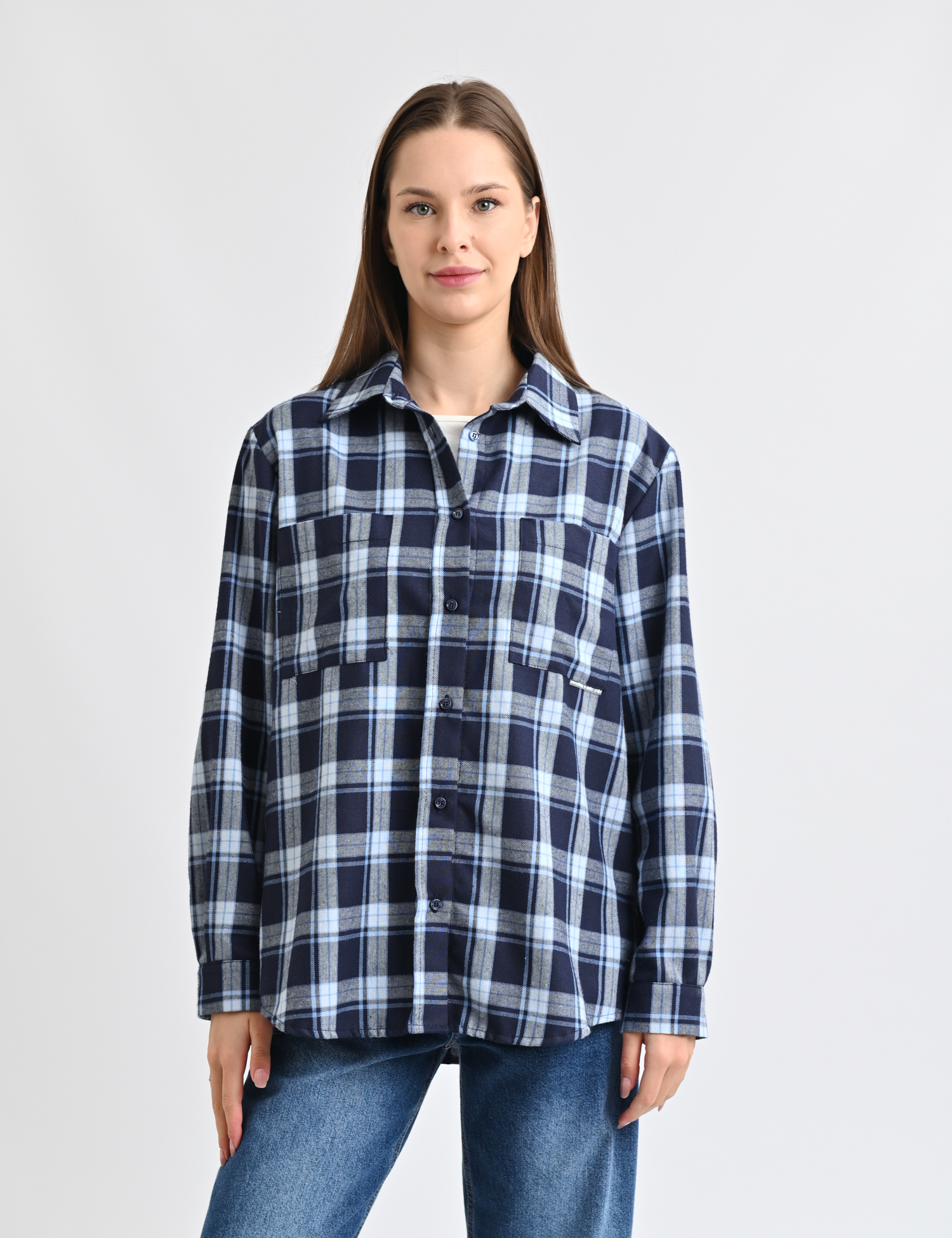 Картинка Сорочка блакитна в клітинку з накладними кишенями