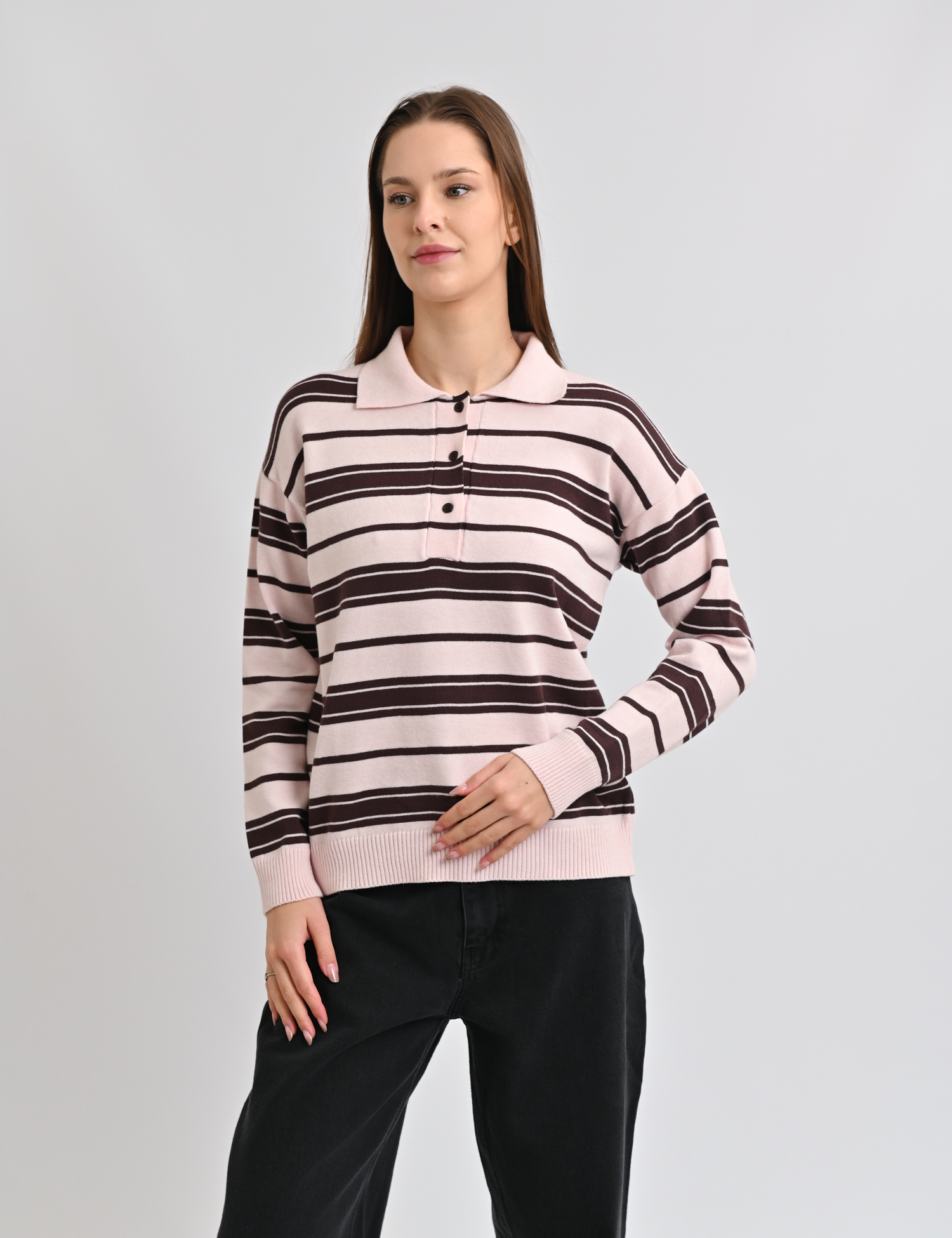 Картинка Светр у смужку з коміром поло рожево-коричневий