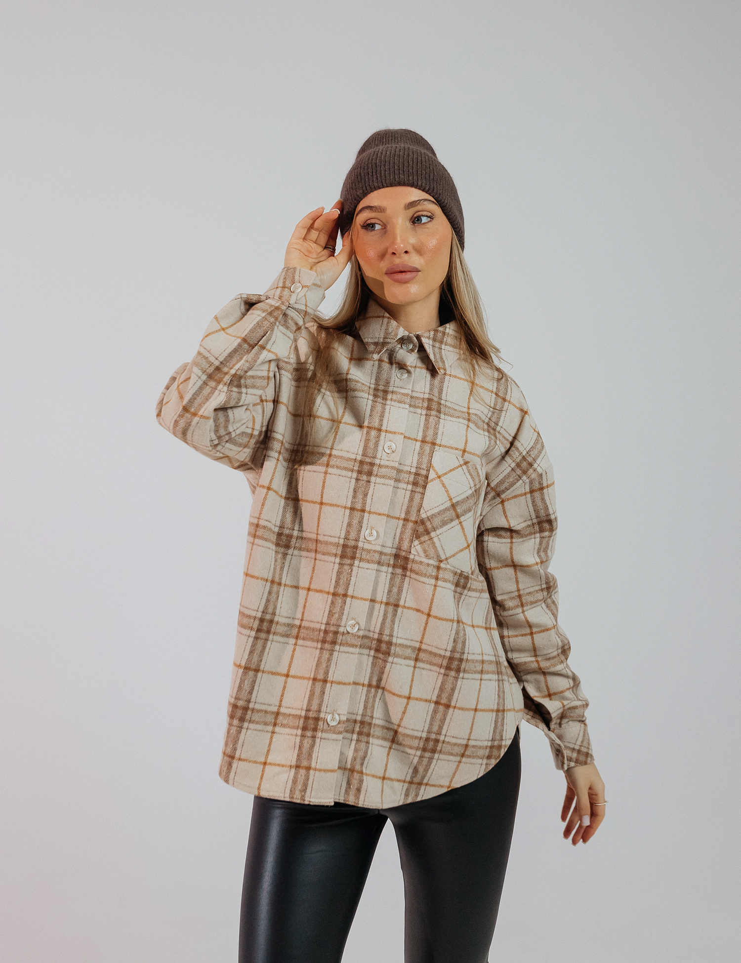 Картинка Сорочка в клітинку бежева з помаранчевим