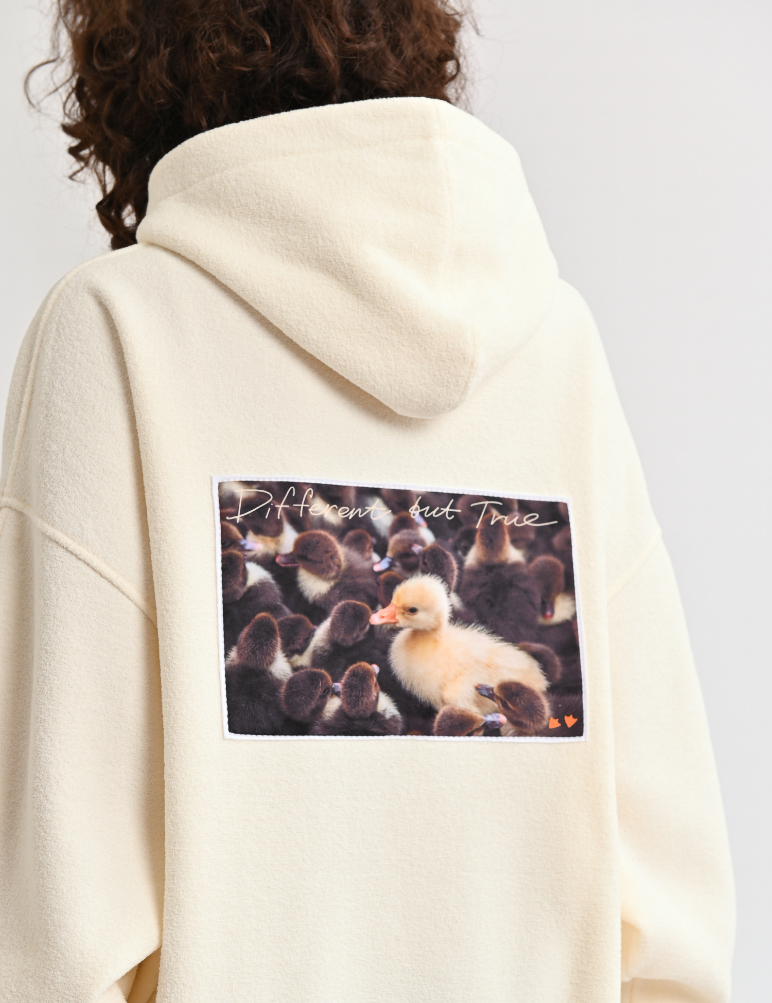 Картинка Худі жіноче oversize молочне з вишивкою качки та принтом на спині