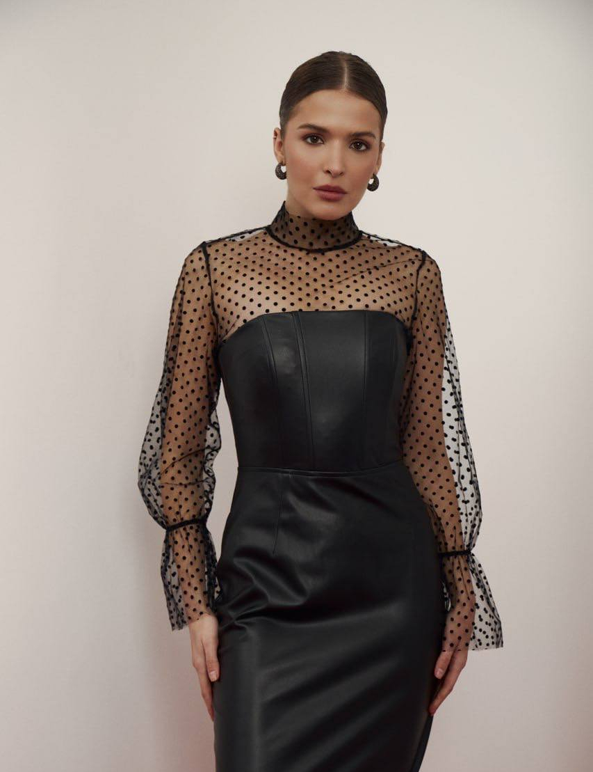 Картинка Сукня з елементами екошкіри та прозорою сіткою