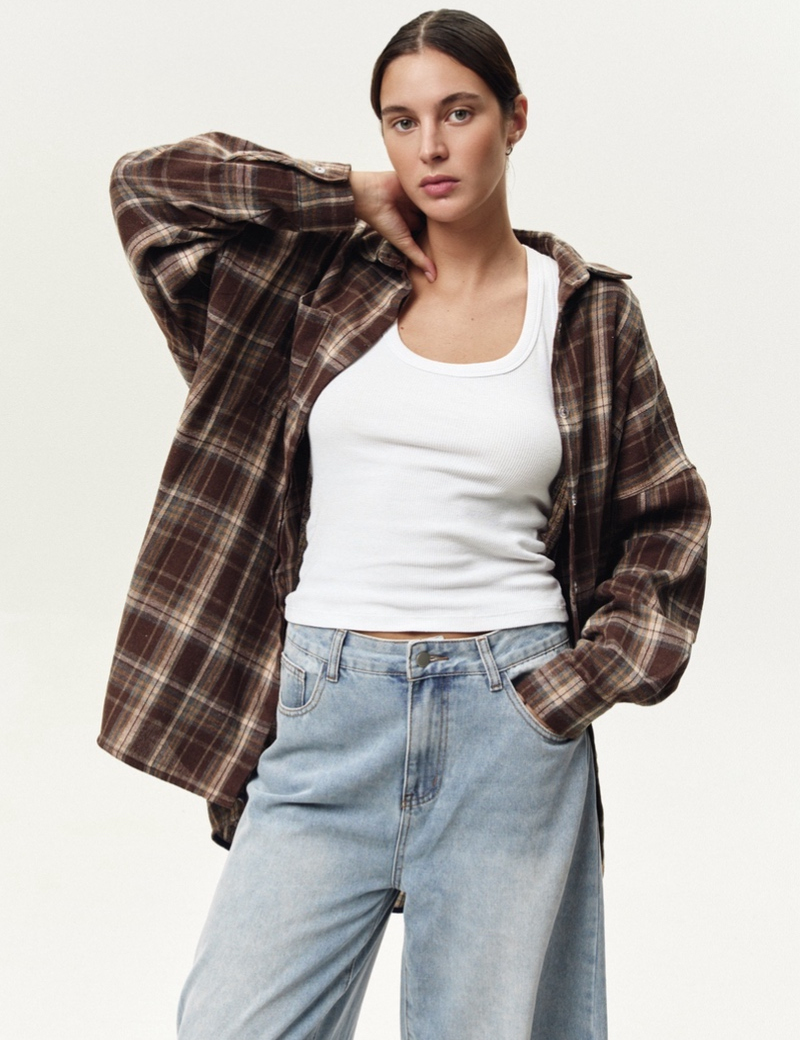 Картинка Сорочка LONG у клітинку коричнева