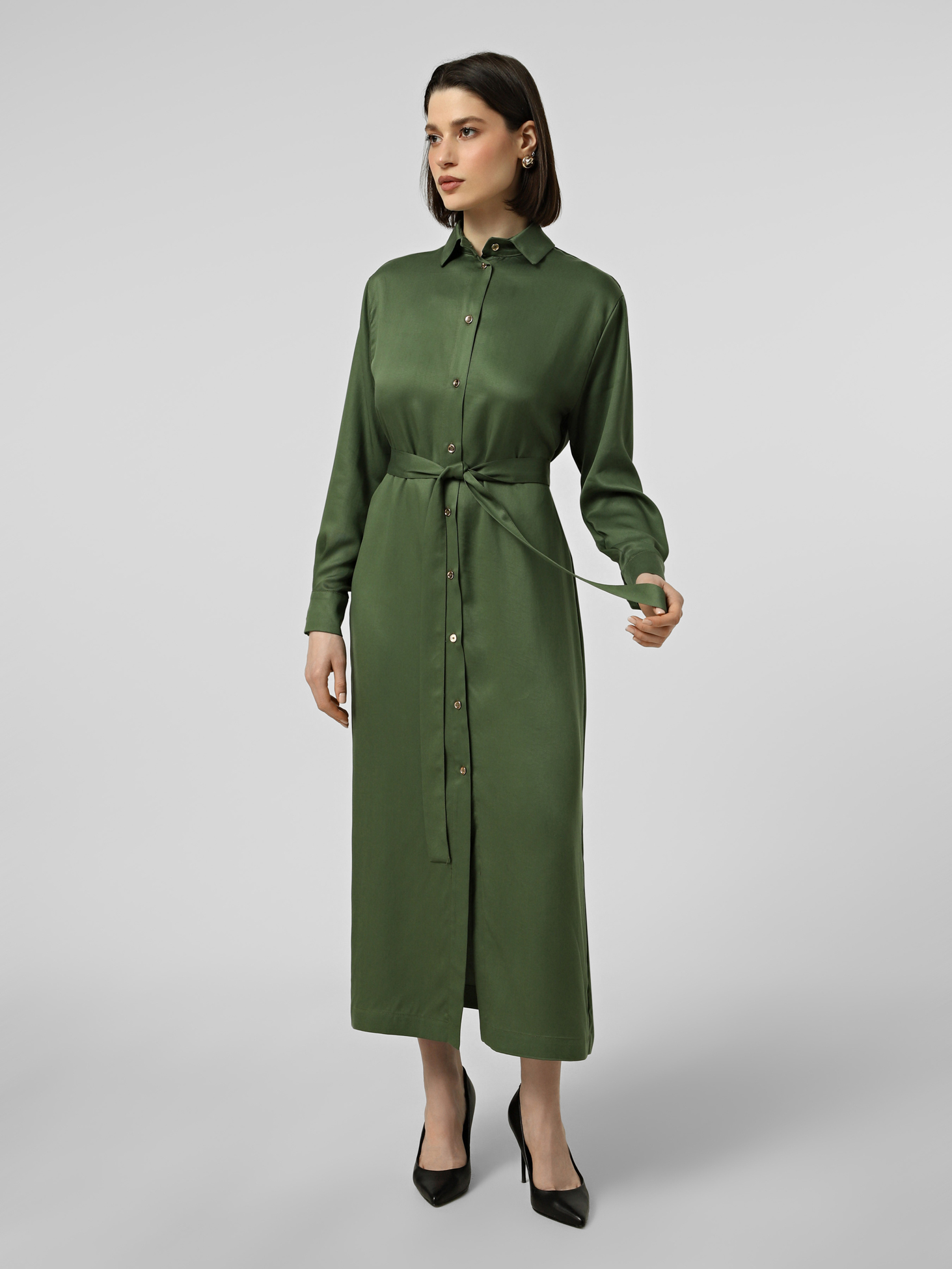 Картинка Сукня‑сорочка міді в оливковому відтінку
