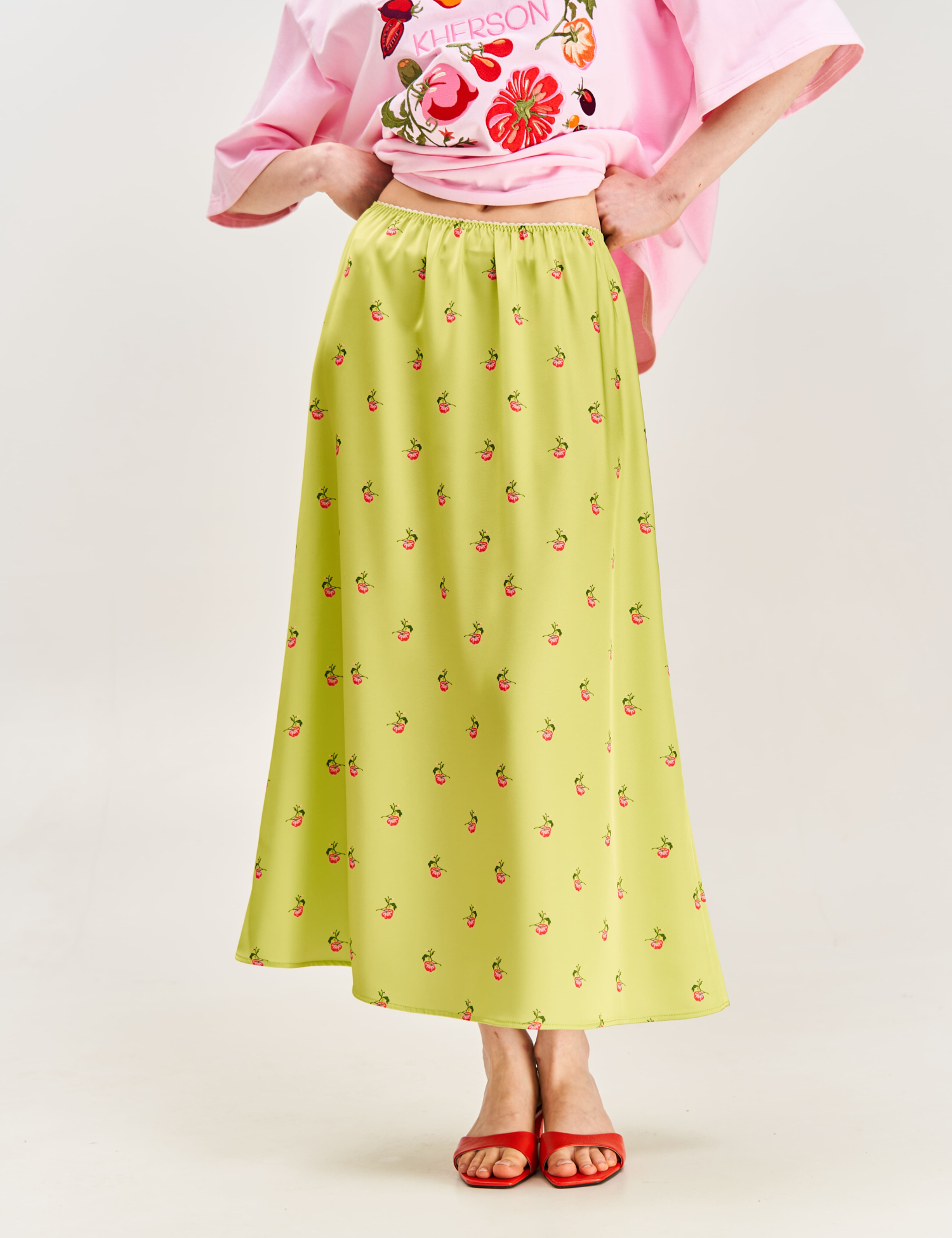 Картинка Спідниця принтована "Херсонські помідори" зелена