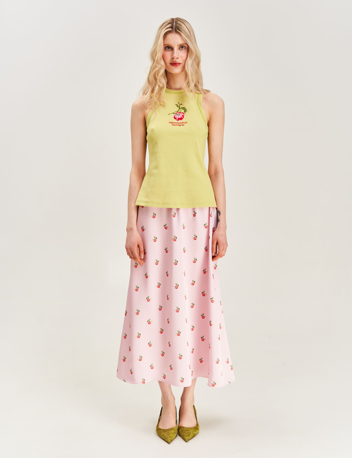 Картинка Спідниця принтована "Херсонські помідори" рожева