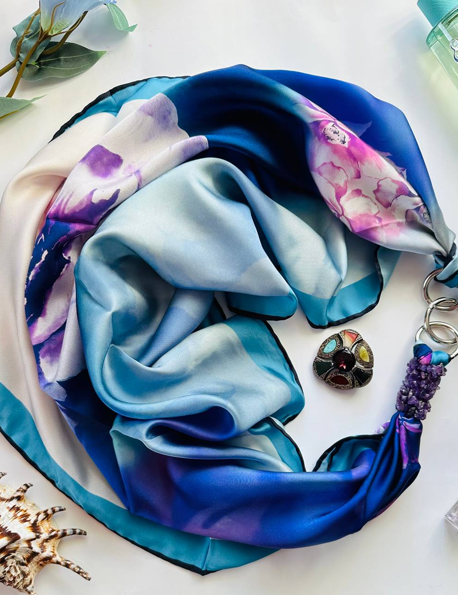 Картинка Дизайнерська шовкова хустка My Scarf "Блакитна гортензія"