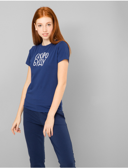 Картинка Жіноча синя футболка з принтом	