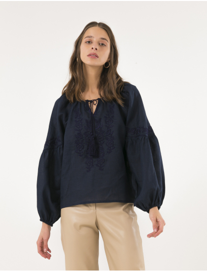 Картинка Жіноча темно-синя лляна вишиванка