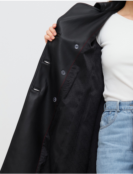 Картинка Жіночий чорний плащ з екошкіри