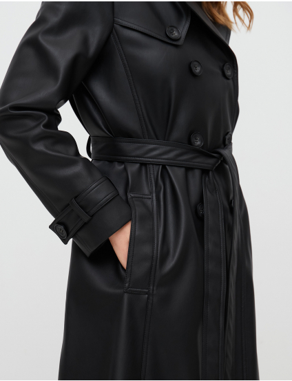 Картинка Жіночий чорний плащ з екошкіри