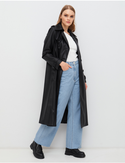 Картинка Жіночий чорний плащ з екошкіри