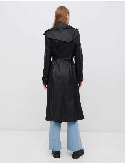 Картинка Жіночий чорний плащ з екошкіри