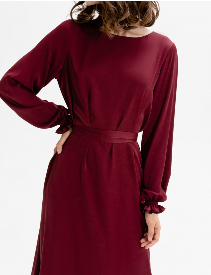 Картинка Бордова шовкова сукня з поясом