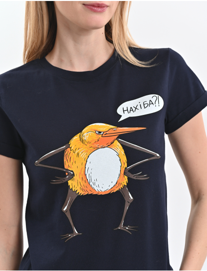 Картинка Футболка темно-синя з принтом "Пташка "Нахіба"