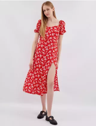 Картинка Сукня міді червона з квітковим принтом