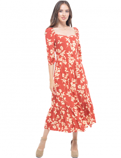 Картинка Сукня міді коричнева з квітковим принтом